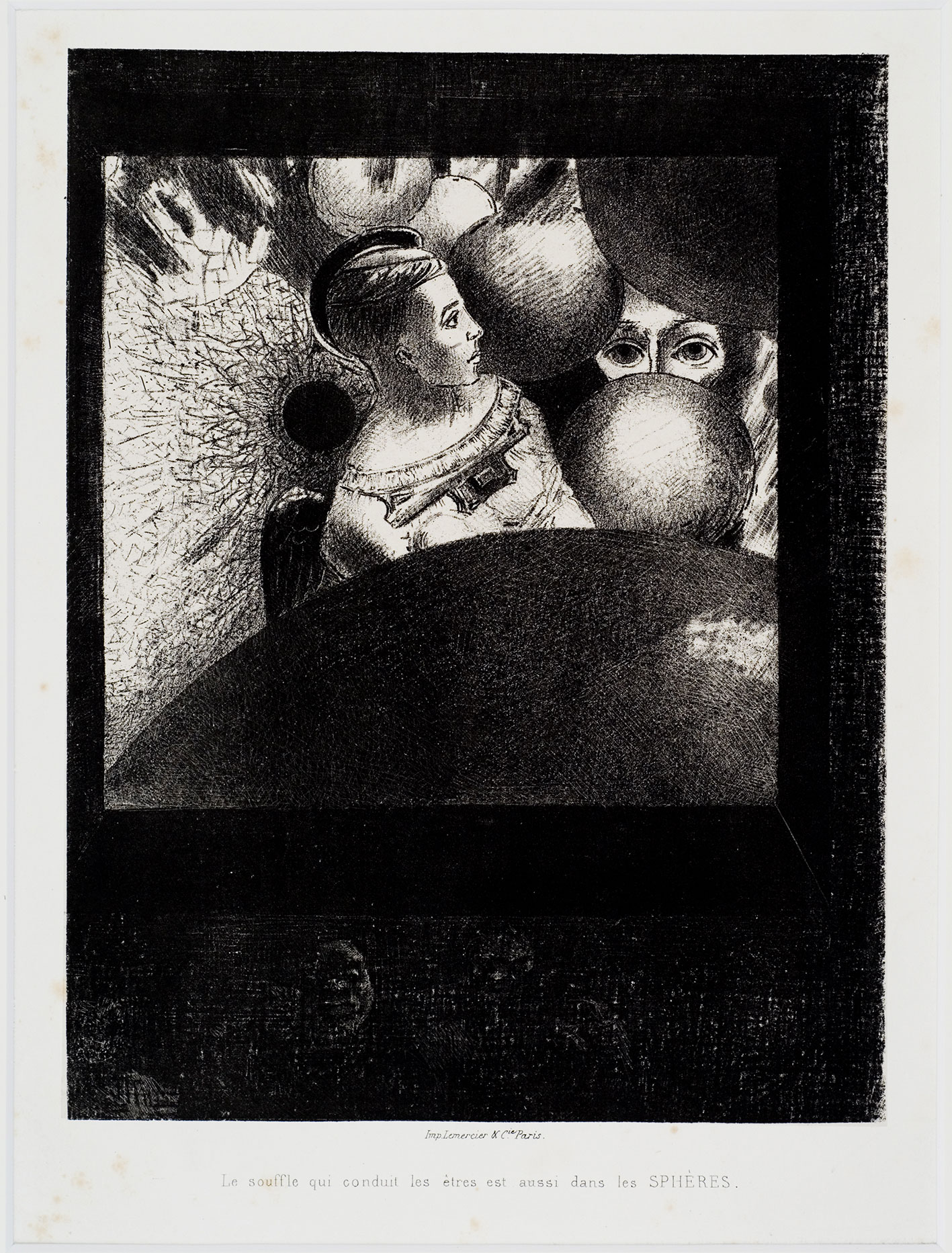 Odilon Redon À Edgar Poe. Planche V. Le souffle qui conduit les êtres est aussi dans les SPHÈRES, 1882 Lithographie sur papier de Chine appliqué sur papier vélin, 45,2 × 31,6 cm | Musée des Beaux-arts, Bordeaux | © Photo : F. Deval, mairie de Bordeaux