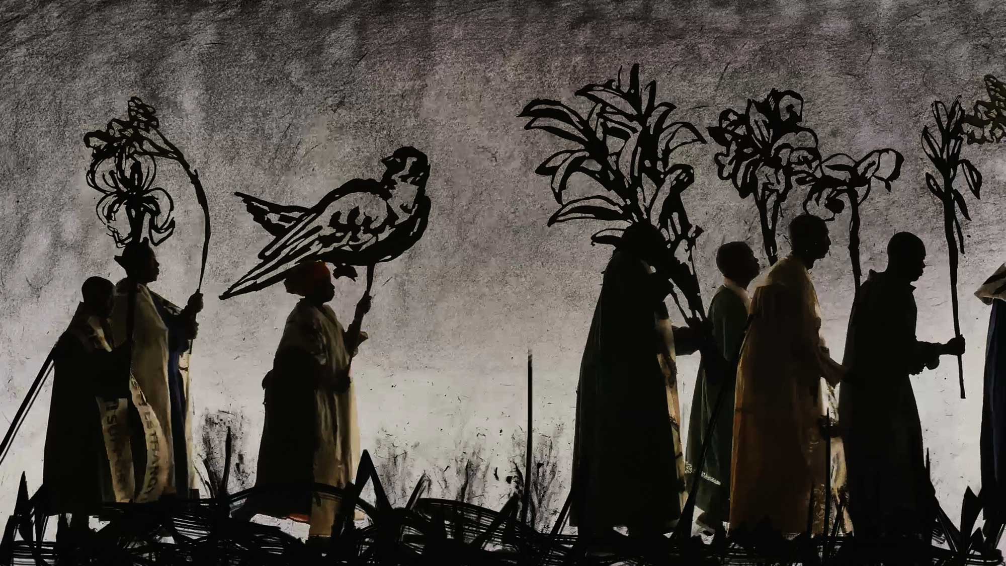 William Kentridge. More Sweetly Play The Dance, 2015. Eight channel HD film installation, four megaphones, 15 minutes. Courtesy Maja Hoffmann / LUMA Foundation collection and the artist